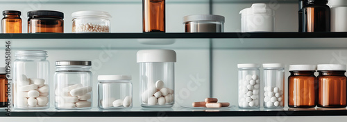 An empty medicine cabinet with shelves sparsely filled, featuring a few scattered pills, symbolizing minimalism and the absence of essential supplies, suggesting a need for replenishment or organizati photo