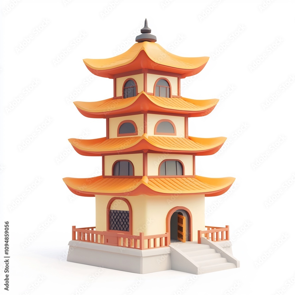 Stylized 3D of Ornate Asian Pagoda Architecture on White Stylized 3D of Ornate Asian Pagoda Architecture on White