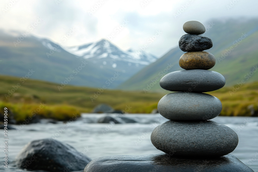 Stack of balancing zen stones near peaceful mountain lake at sunset Stack of balancing zen stones near peaceful mountain lake at sunset