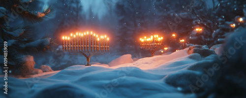 3D illustration of a Hanukkah menorah lighting ceremony in a serene