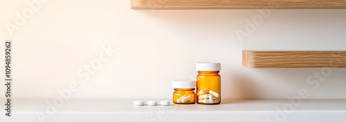 An empty medicine cabinet with shelves sparsely filled, featuring a few scattered pills, symbolizing minimalism and the absence of essential supplies, suggesting a need for replenishment or organizati photo