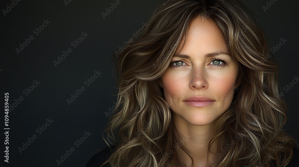 Close-up portrait of a woman with wavy brown hair and green eyes, looking directly at the camera against a dark background. Close-up portrait of a woman with wavy brown hair and green eyes, looking directly at the camera against a dark background.