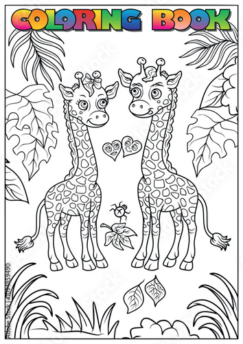 Black and white illustration of two cute giraffes standing in the jungle, surrounded by hearts, leaves, and a spider, designed as a coloring page for children photo