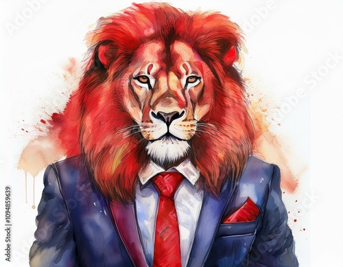 illustration of a red lion with man body an men's suit with tie on acrylic painted watercolor drawing isolated on white background photo