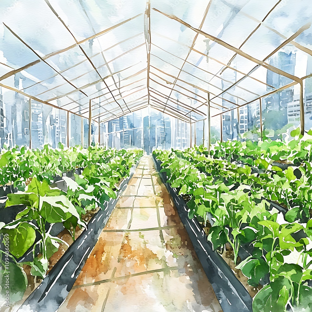 Watercolor Painting of a Greenhouse with Lush Greenery Against a City Skyline. Watercolor Painting of a Greenhouse with Lush Greenery Against a City Skyline.