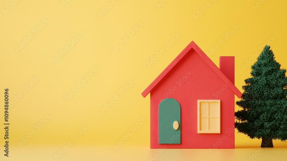 Colorful Toy House and Green Tree on Bright Yellow Background for Playful, Fun, and Cheerful Home Decor and Seasonal Theme Designs Colorful Toy House and Green Tree on Bright Yellow Background for Playful, Fun, and Cheerful Home Decor and Seasonal Theme Designs