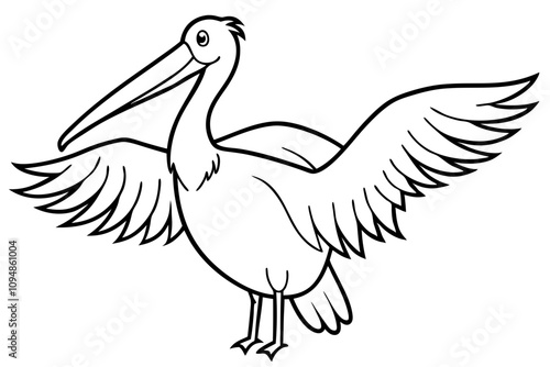 pelican with open wings large bill stocky body line art vector silhouette on white background