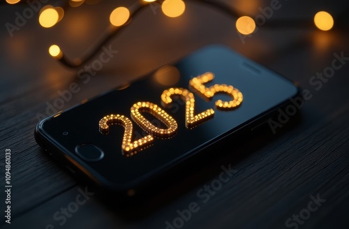 Christmas business concept Top view Phone with black screen and golden number 2025 lies on wooden table on dark brown background with blurred garland lights