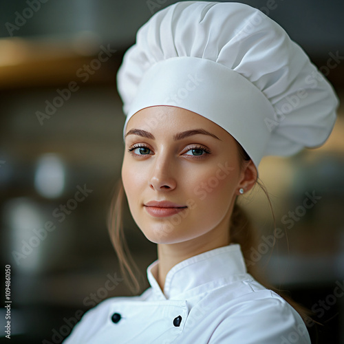 Portraits of a Female Chef in Traditional White Uniform and Hat, Showcasing Culinary Expertise, Confidence, and Professionalism in Various Settings photo