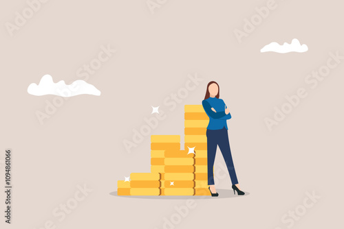 Professional businesswoman standing beside of stack of coins. concept of High salary and income, salary or multi income stream, side hustle or side gig earning, investment return