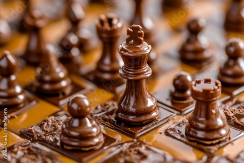 Chocolate chess pieces arranged on a board showcasing detailed craftsmanship in a creative dessert setting photo