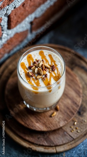 A top view photo of a banana lassi with a drizzle of honey and a sprinkle of pistachios. The glass is placed on a wooden board.