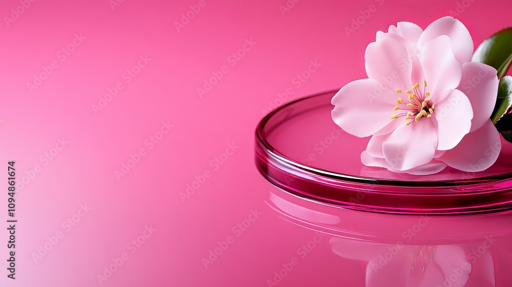 A pink flower sitting on top of a pink plate A pink flower sitting on top of a pink plate
