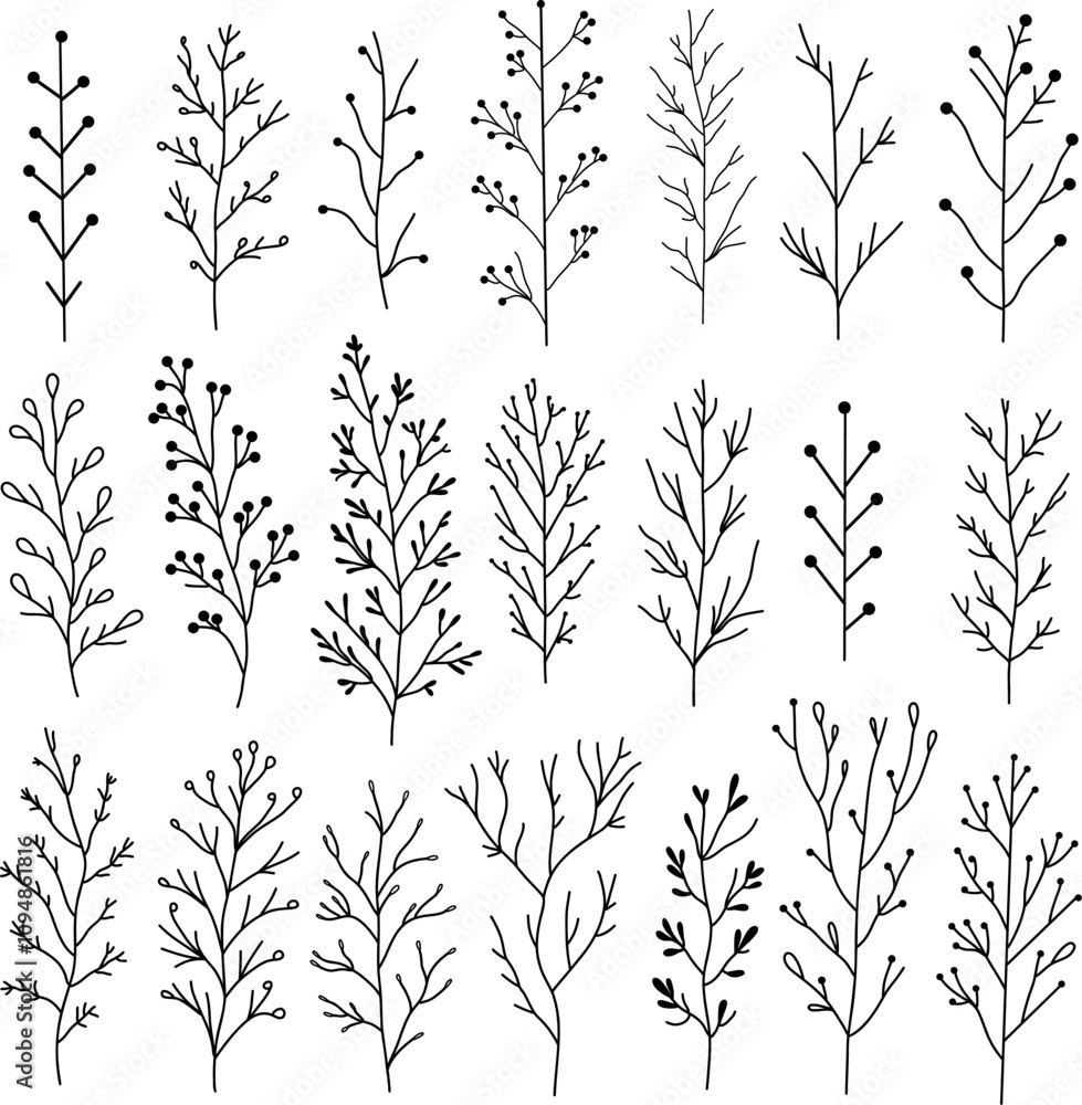 Set of hand drawn doodle branches. Floral design elements on white background. Collection of branches and twigs vector illustration. Set of hand drawn doodle branches. Floral design elements on white background. Collection of branches and twigs vector illustration.