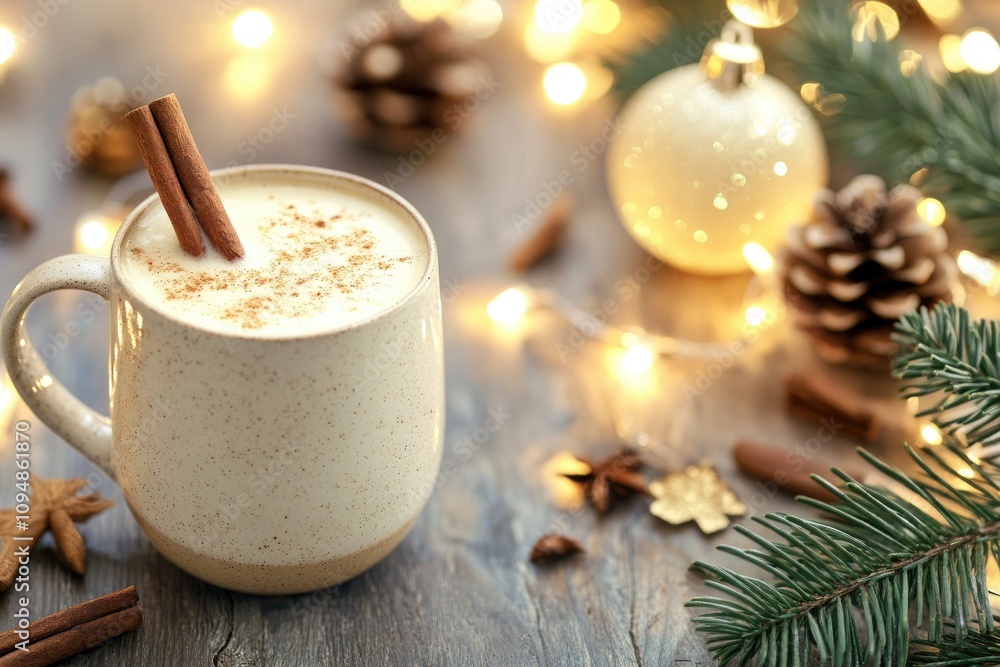 Cozy holiday mug of eggnog with cinnamon sticks and festive lights