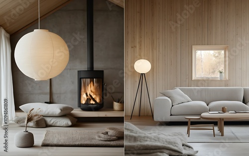 Cozy minimalist interiors with fireplace and natural light. photo