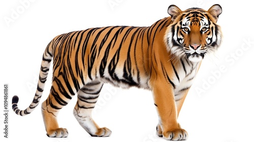 A majestic Bengal tiger standing tall with its orange and black stripes vivid against a white background photo