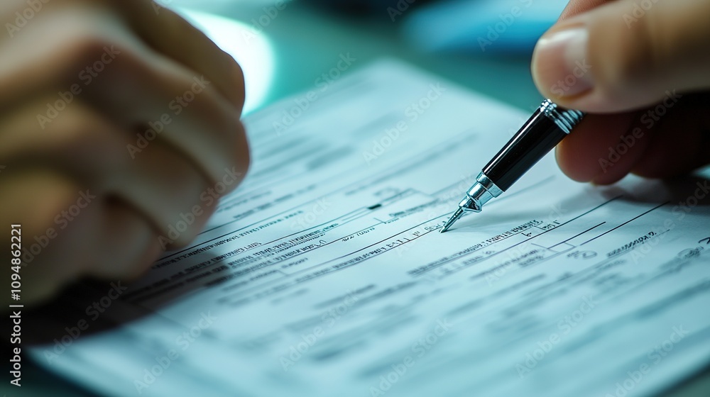 A detailed view of a customs declaration form being filled out by a passenger at the airport. A detailed view of a customs declaration form being filled out by a passenger at the airport.