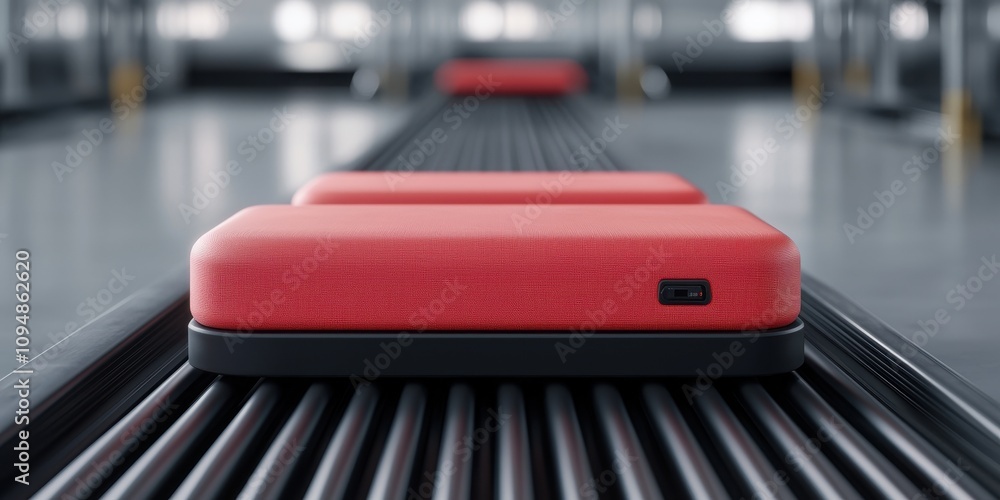 Modern Red Cushions on a Sleek Conveyor Belt in an Industrial Setting Featuring Minimalistic Design and Contemporary Aesthetic for Stylish Interiors or Commercial Spaces Modern Red Cushions on a Sleek Conveyor Belt in an Industrial Setting Featuring Minimalistic Design and Contemporary Aesthetic for Stylish Interiors or Commercial Spaces