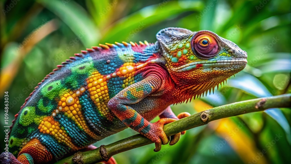 Obraz premium Captivating Candid Photography of a Vibrant and Colorful Chameleon in Its Natural Habitat, Showcasing Stunning Patterns and Textures Against a Lush Green Background