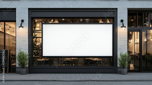 Rounded Street storefront shop, cafe, restaurant mounted sign board mockup design template. Blank white store sign design mockup. 