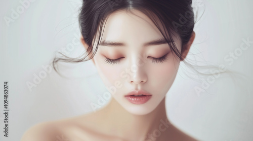 若くて綺麗なアジア人女性モデル。目を瞑っている美容撮影。