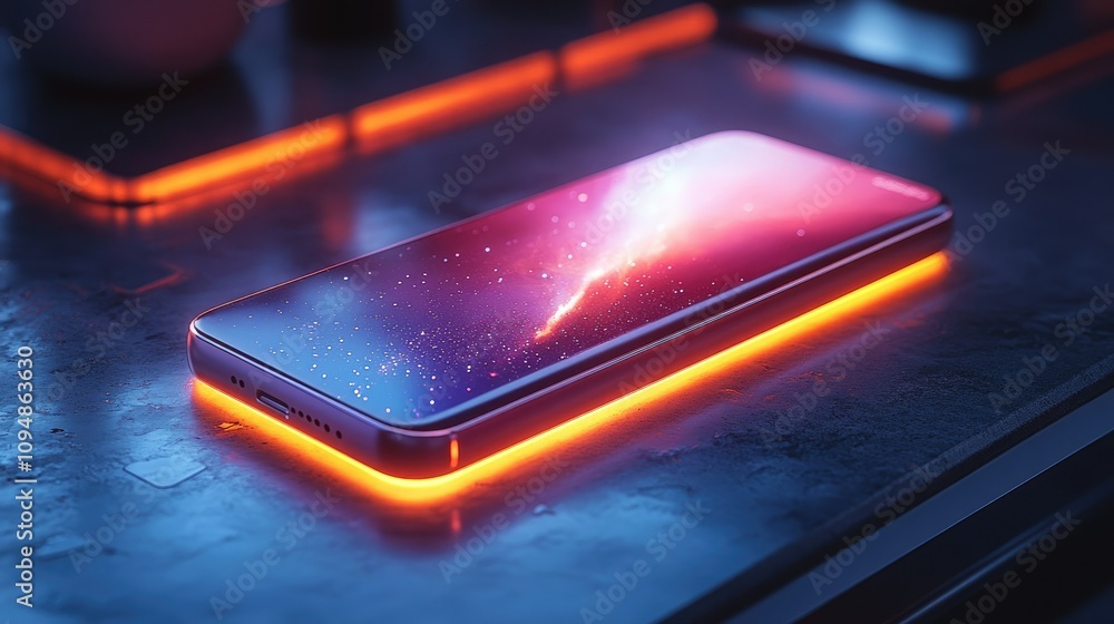 A sleek smartphone with a vibrant display, illuminated by an orange glow on a dark surface. A sleek smartphone with a vibrant display, illuminated by an orange glow on a dark surface.