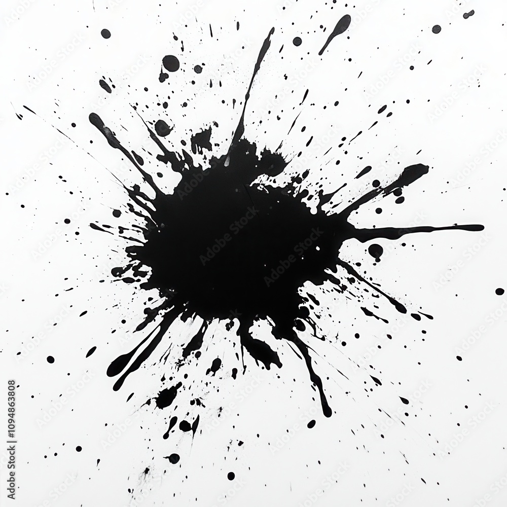 A large black paint splash on a white background, creating an abstract art effect. A large black paint splash on a white background, creating an abstract art effect.