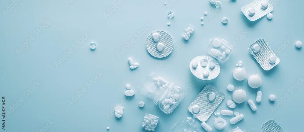 Pastel Blue Pharmaceutical Still Life:  A Serene Arrangement of Pills and Tablets