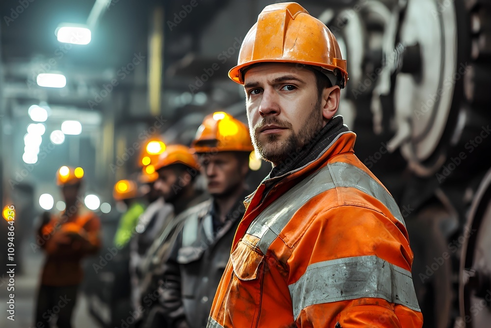 Workers in safety gear stand together in industrial facility Workers in safety gear stand together in industrial facility