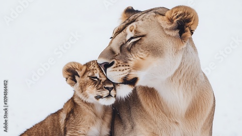 A lioness and her cub sitting together, the cub nuzzling against the motherâ€™s side on a white background photo