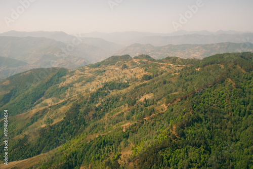 Aerial view of green and colorful rice field terraces, Nepal