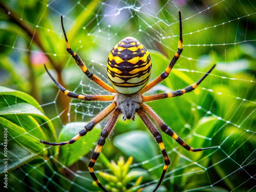 Captivating Close-Up of a Large Yellow and Black Garden Spider in Its Web Surrounded by Lush Greenery, Showcasing the Intricacies of Nature's Design and Beauty Captivating Close-Up of a Large Yellow and Black Garden Spider in Its Web Surrounded by Lush Greenery, Showcasing the Intricacies of Nature's Design and Beauty