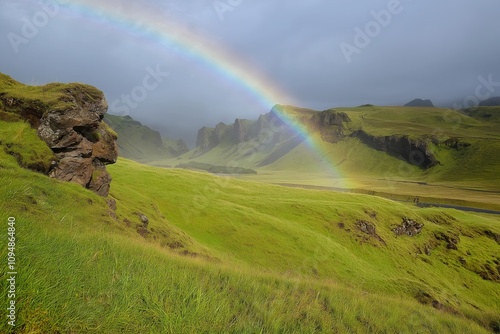 A vibrant rainbow arches over a stunning verdant landscape.