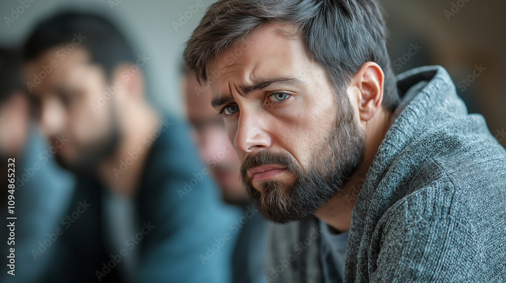 Fototapeta premium Support group man with pensive expression sitting during emotional discussion