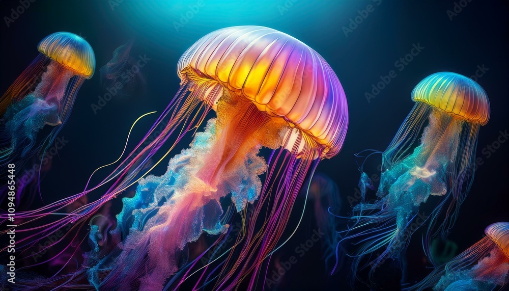 Fototapeta premium Illustration of surreal psychedelic colored jellyfish swimming in the darkness, abstract concept