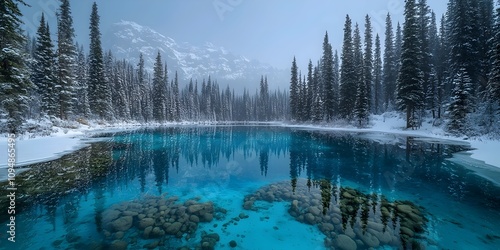 A serene winter landscape featuring a crystal-clear lake surrounded by tall evergreen trees. The water’s turquoise hue reflects the serene winter atmosphere.