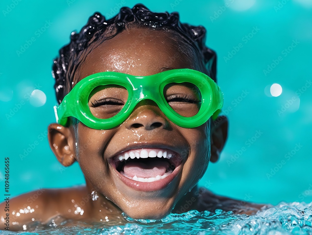 Fototapeta premium A young boy wearing a pair of green swimming goggles in a pool