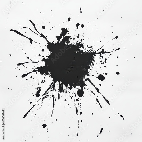 A black paint splatter on a white background, creating a bold and abstract visual effect.