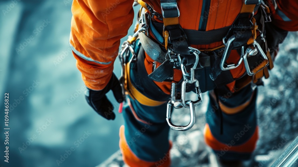 Climber Wearing Orange Safety Harness and Gear Climber Wearing Orange Safety Harness and Gear