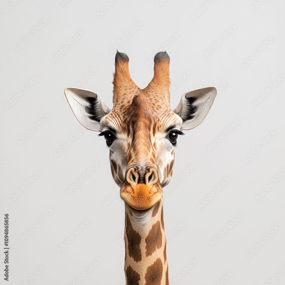 Naklejka premium A close-up portrait of a giraffe, showcasing its distinct patterns and expressive eyes against a simple, light background.