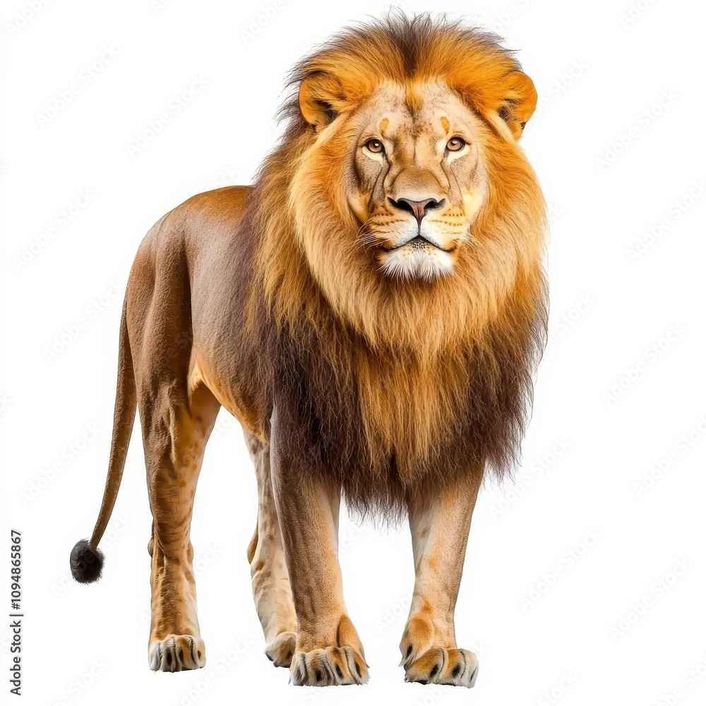 Fototapeta premium A majestic lion stands confidently, showcasing its powerful build and magnificent mane, embodying strength and pride.