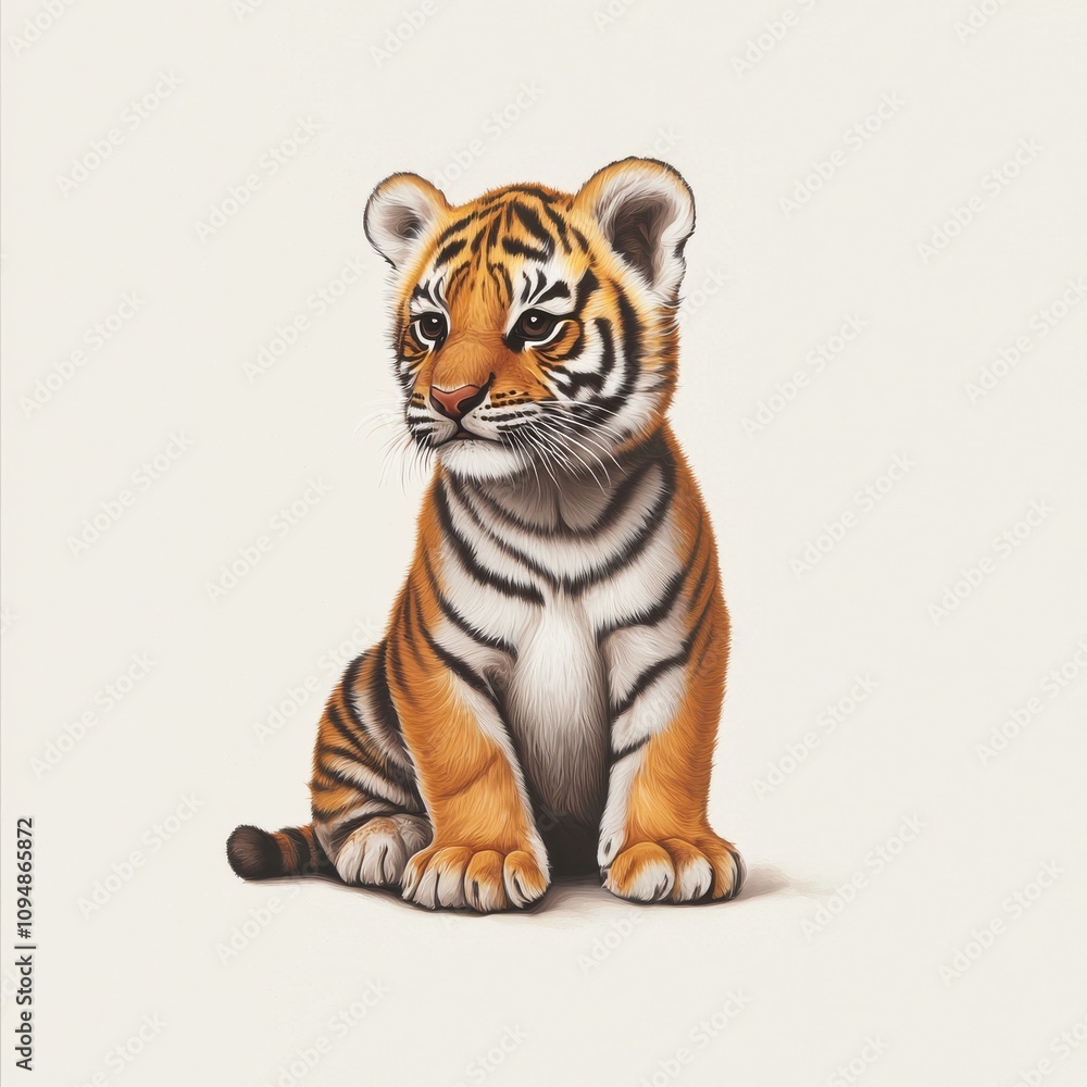 A cute, illustrated tiger cub sitting, showcasing its striking orange and black stripes against a neutral background. A cute, illustrated tiger cub sitting, showcasing its striking orange and black stripes against a neutral background.