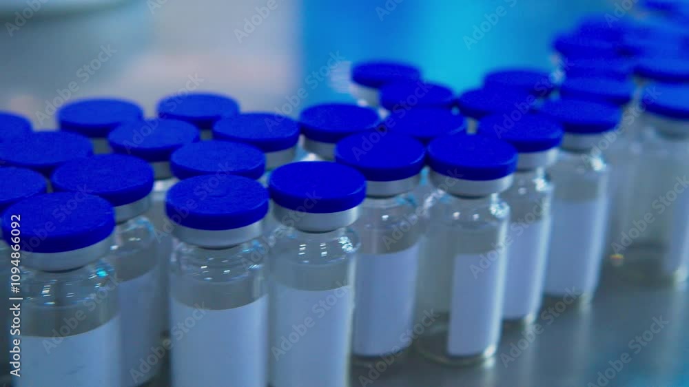 pharmaceutical industry. automatic production line machine conveyor with empty glass bottles at pharmacy processing factory. Medicine manufacturing and automated technology equipment. close-up pharmaceutical industry. automatic production line machine conveyor with empty glass bottles at pharmacy processing factory. Medicine manufacturing and automated technology equipment. close-up