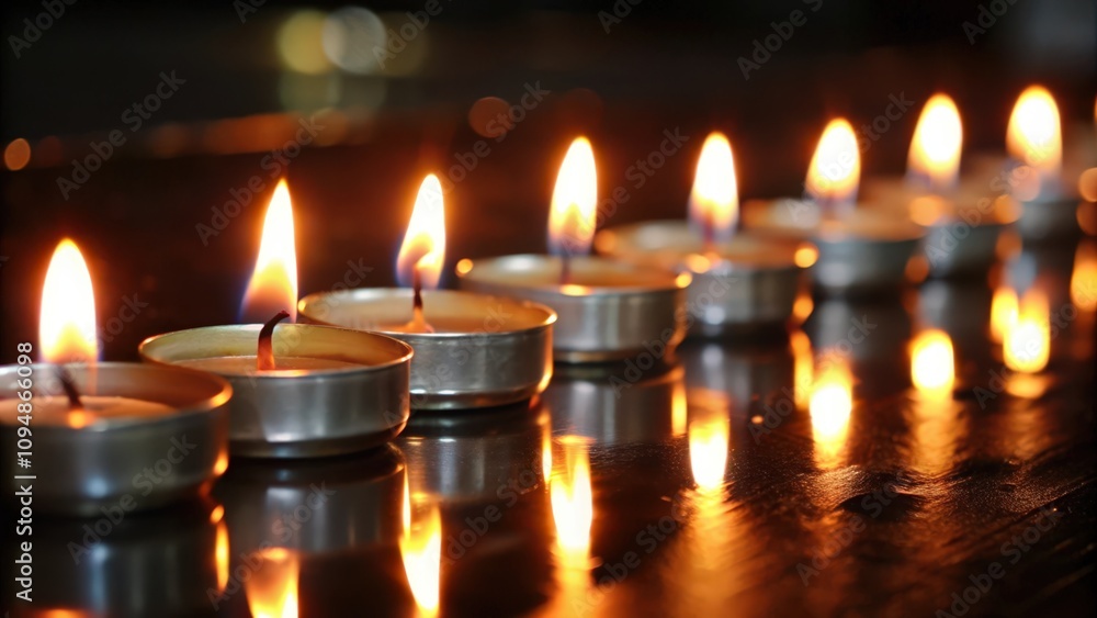 A Row of Burning Tea Lights on a Dark Surface A Row of Burning Tea Lights on a Dark Surface