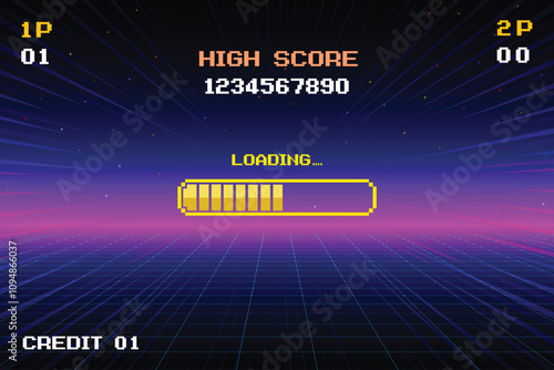 LOADING bar. pixel art. 8 bit. Retro Futurism Sci-Fi Background. glowing neon grid and star from vintage arcade computer games.