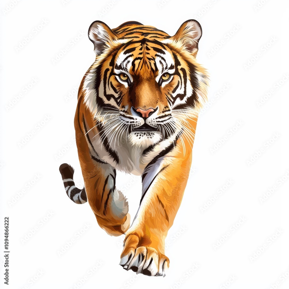 Fototapeta premium A powerful tiger depicted in mid-stride, showcasing its striking orange coat and fierce expression as it moves forward.