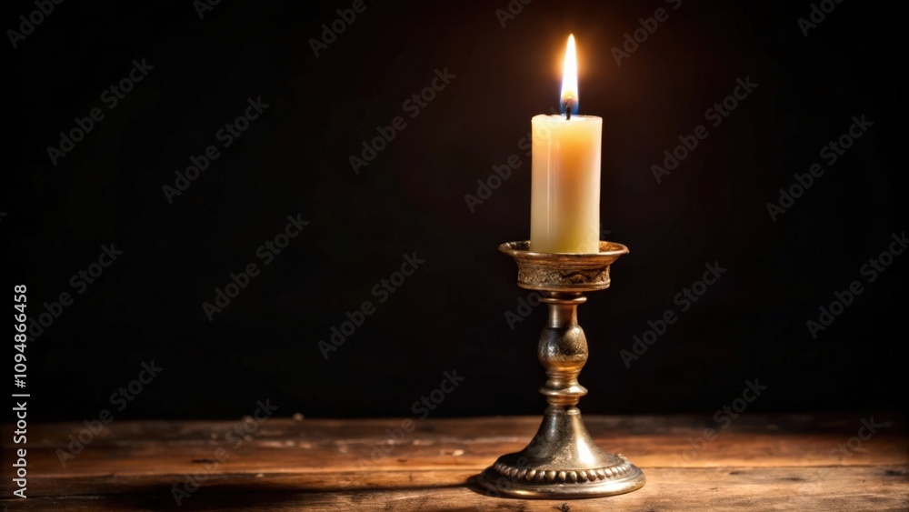 A Single Lit Candle on an Antique Candelabra A Single Lit Candle on an Antique Candelabra