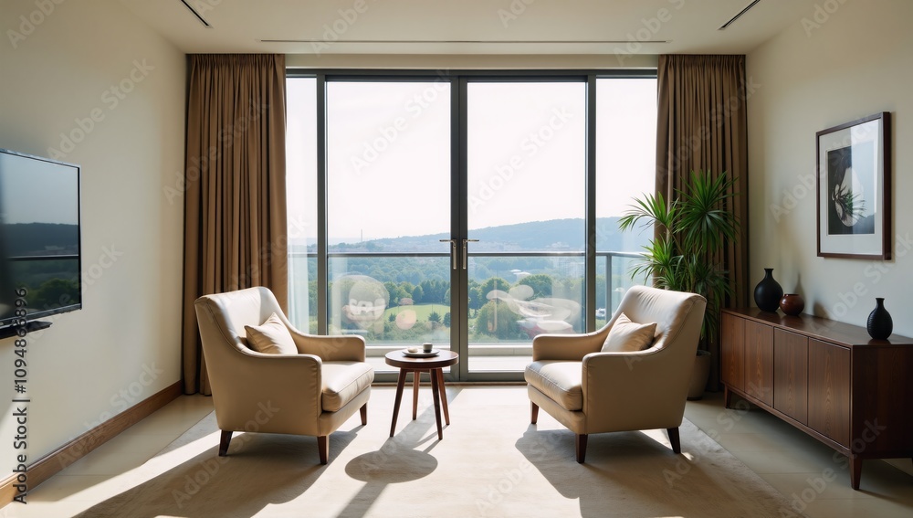 Fototapeta premium Stylish living room featuring two armchairs a shelf and a panoramic window