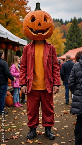 VegetarianVegan pumpkin-headed character amidst a festive Halloween setting photo